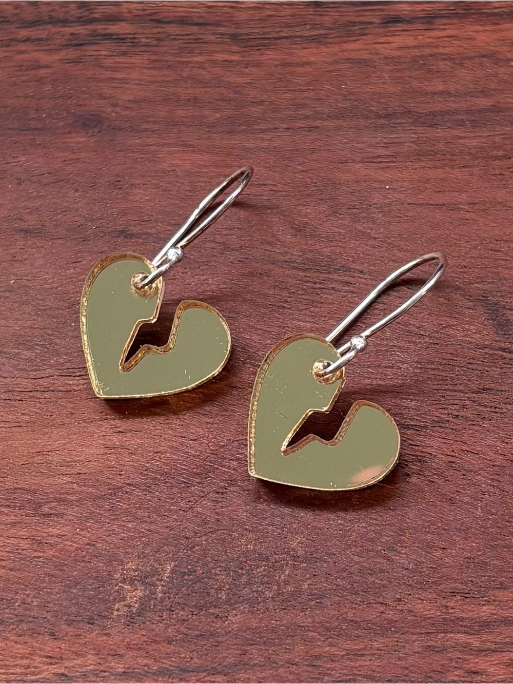 Gold Broken Heart Mirror Earrings Sterling Silver Earwires